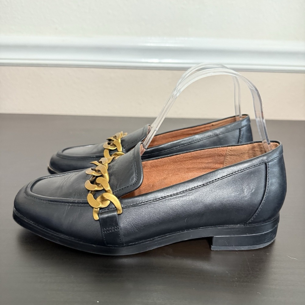 Vionic Mizelle Womens Black Leather Chunky Gold Chain Buckle‎ Loafer Size 7